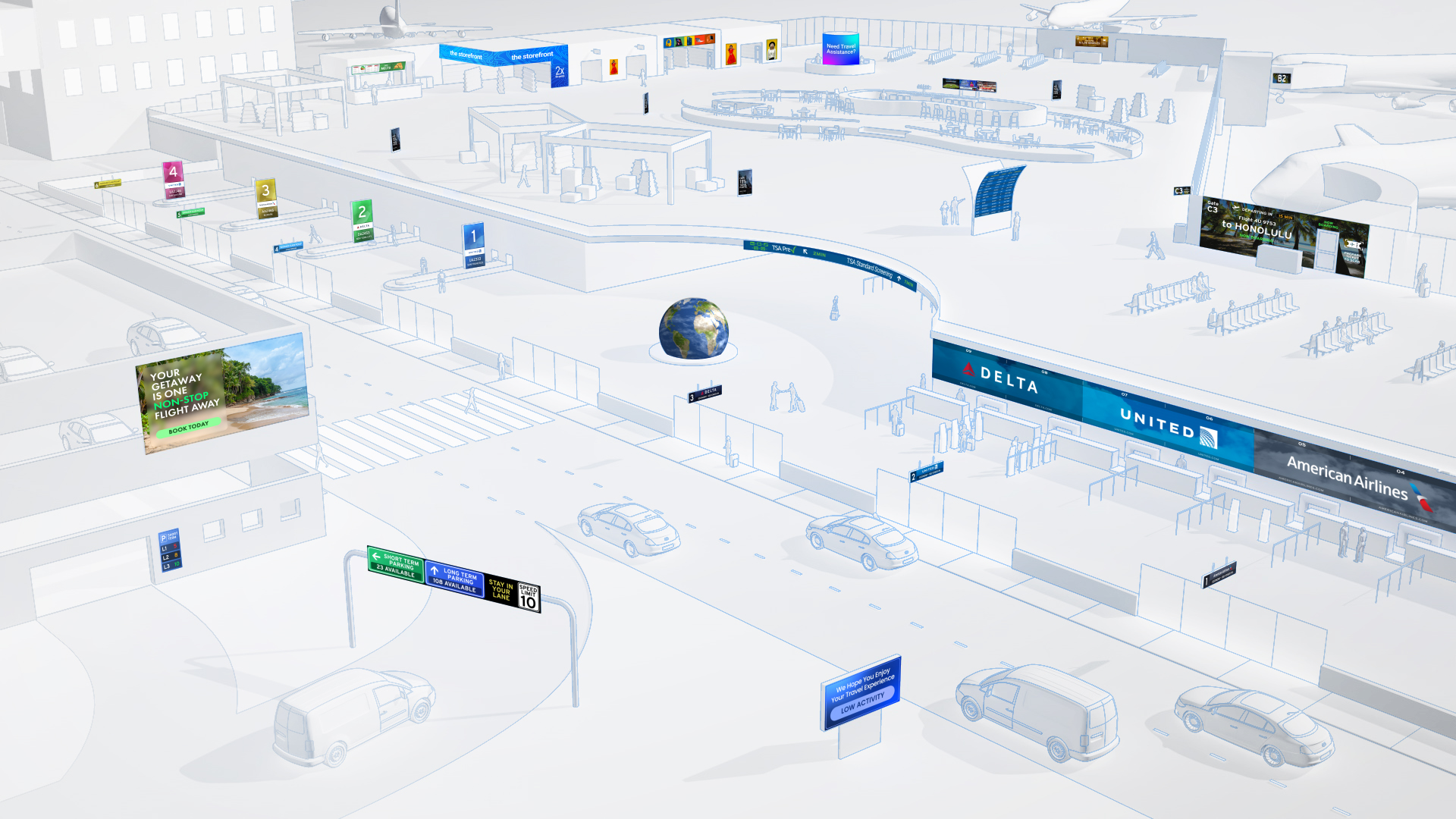 rednering of airport with digital signage inside and out