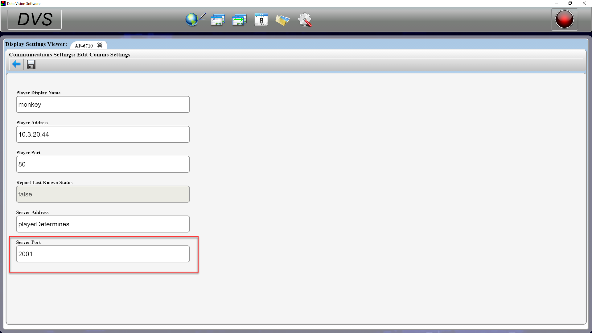 DVS GUI Display Communication Settings