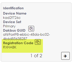 Identification  Device Name  kad2f726c  Device Set  Primary  Dakbus GUID  af69a498-abbc-48da-bc02-  4±085638287  Registration Code  RXHA8K